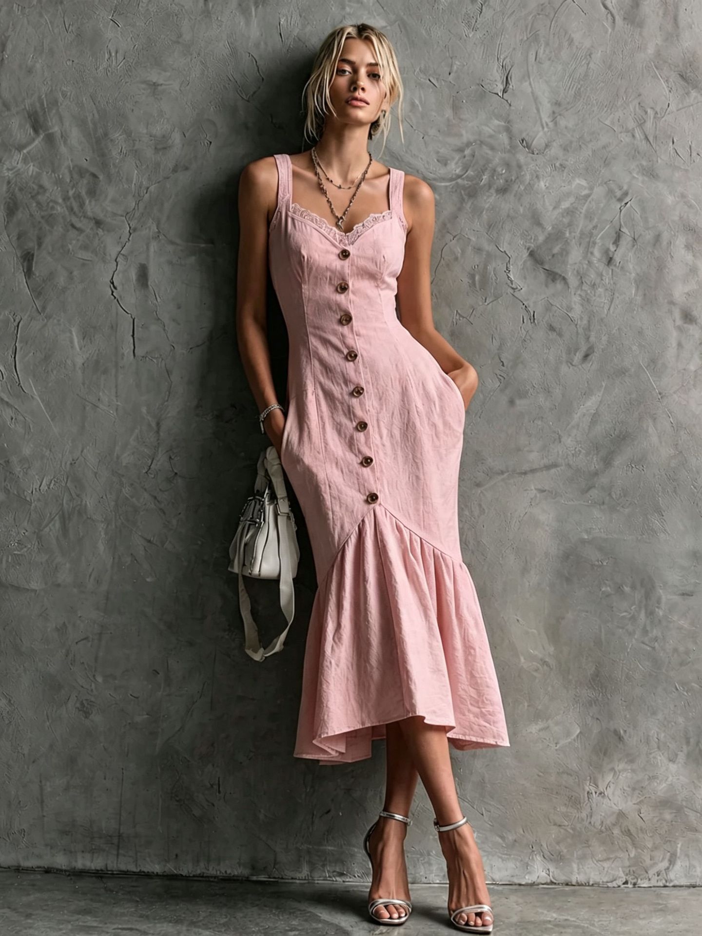 Elegantes Damen Maxikleid – Spitzenbesatz – Knopfleiste – Träger – Fischschwanz-Schnitt – Bild 5