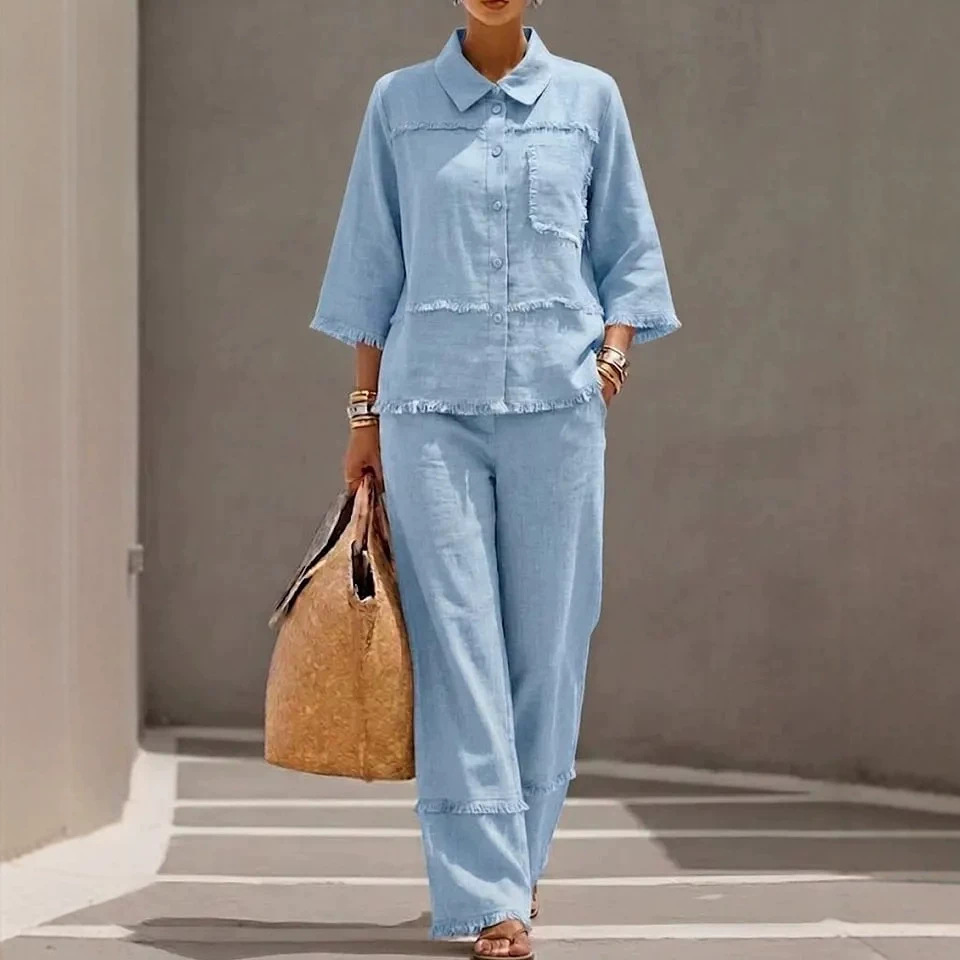 Stylisches Damen Zweiteiler Set – Lässige Bluse mit Reverskragen & Fransen-Optik | Casual Hemd-Set im modernen Look – Bild 2