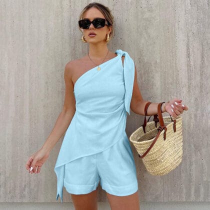 Damen Zweiteiler Set Baumwolle Slim Fit – Cropped Top & Shorts mit Schnür-Detail | Elegantes Casual Set im Paris Style für Frauen