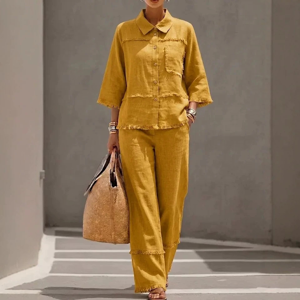 Stylisches Damen Zweiteiler Set – Lässige Bluse mit Reverskragen & Fransen-Optik | Casual Hemd-Set im modernen Look – Bild 4