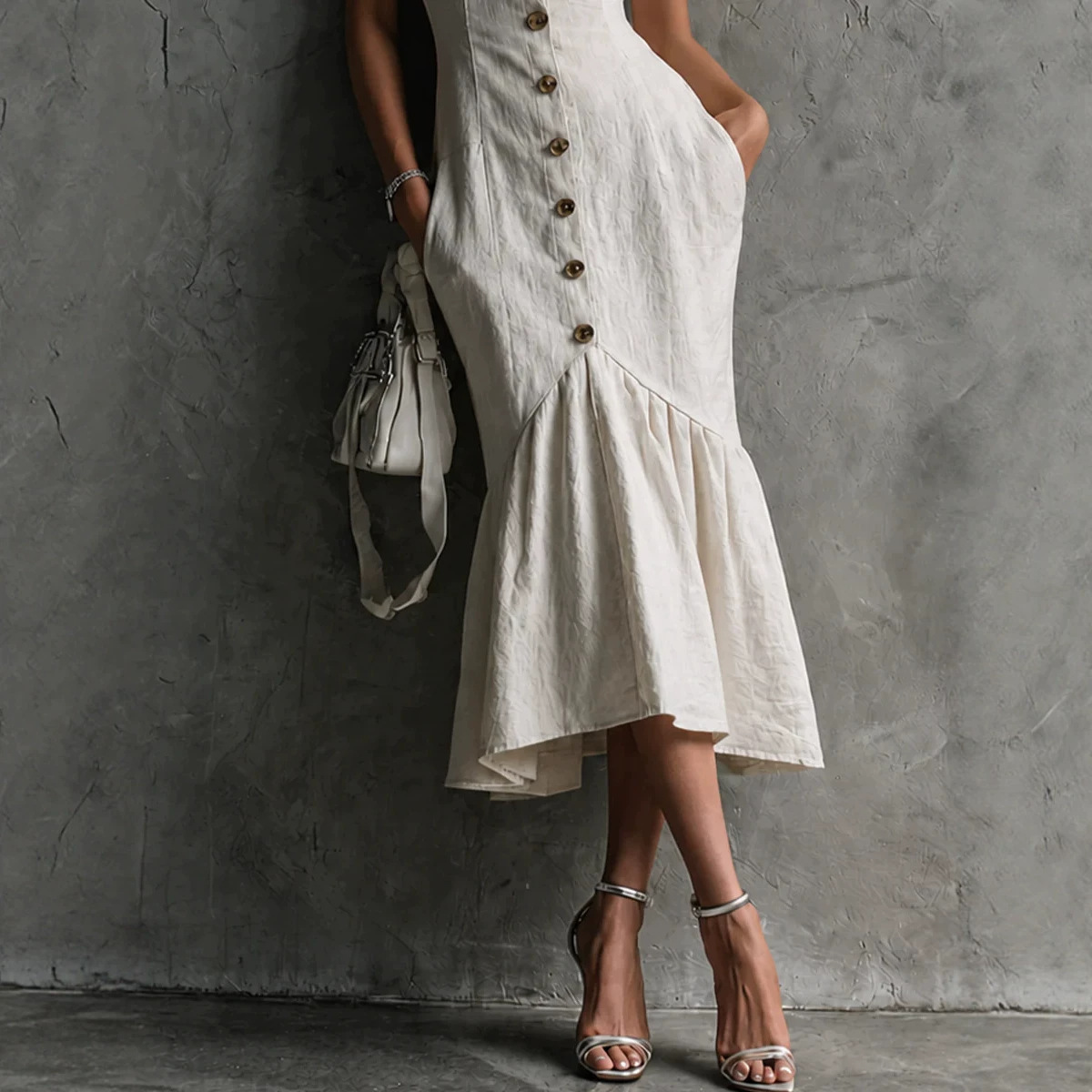 Elegantes Damen Maxikleid – Spitzenbesatz – Knopfleiste – Träger – Fischschwanz-Schnitt – Bild 4
