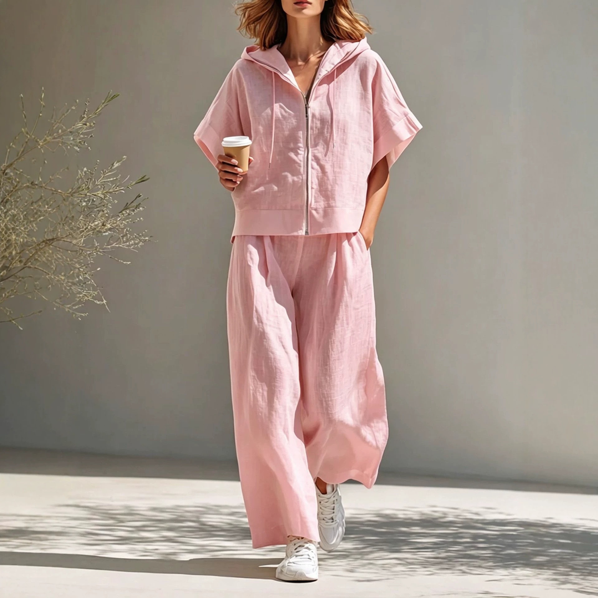 Damen Zweiteiler Set – Leinen Kapuzen-Zip-Top & Lässige Wide-Leg Hose – Bild 3