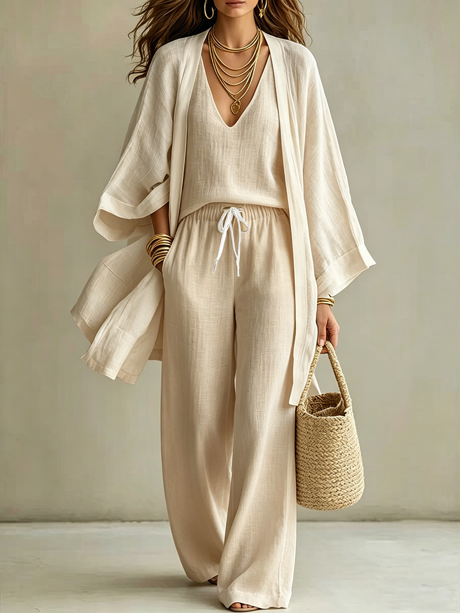 Damen 3-teiliges Casual Set – Cardigan mit 9/4-Ärmeln, Ärmellose Weste & Lange Hose | Eleganter Freizeitanzug im modernen Stil – Bild 7