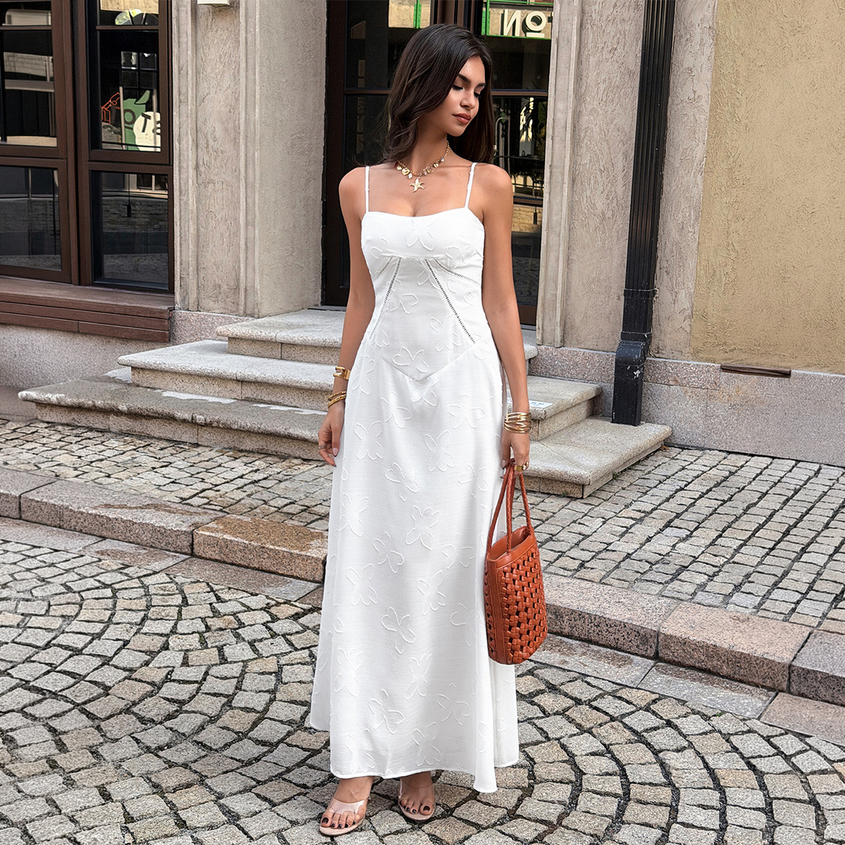 Damen Jacquard Kleid mit Trägern – Tailliertes Sommerkleid | Elegantes Figurbetontes Kleid für Freizeit & Anlass