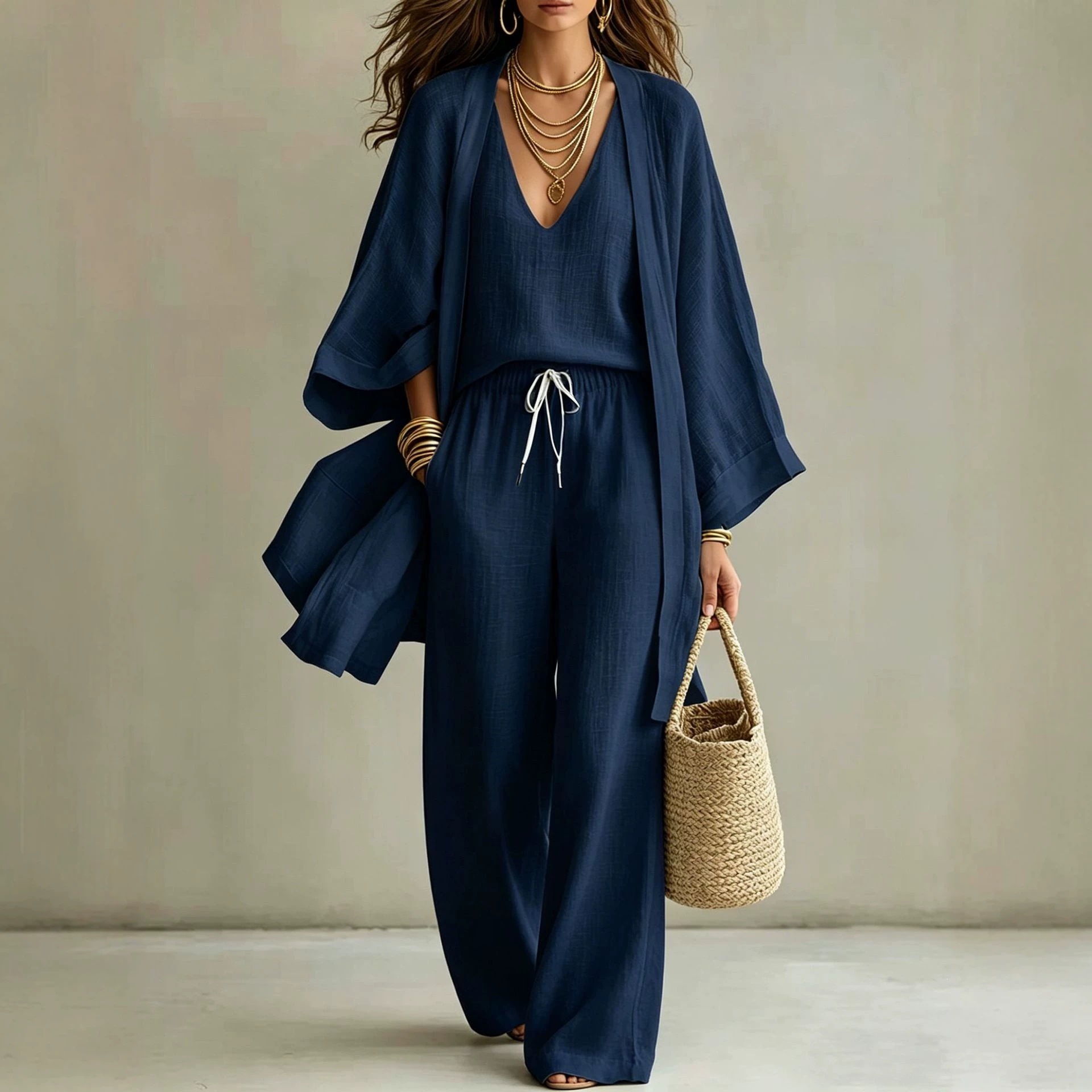 Damen 3-teiliges Casual Set – Cardigan mit 9/4-Ärmeln, Ärmellose Weste & Lange Hose | Eleganter Freizeitanzug im modernen Stil – Bild 8