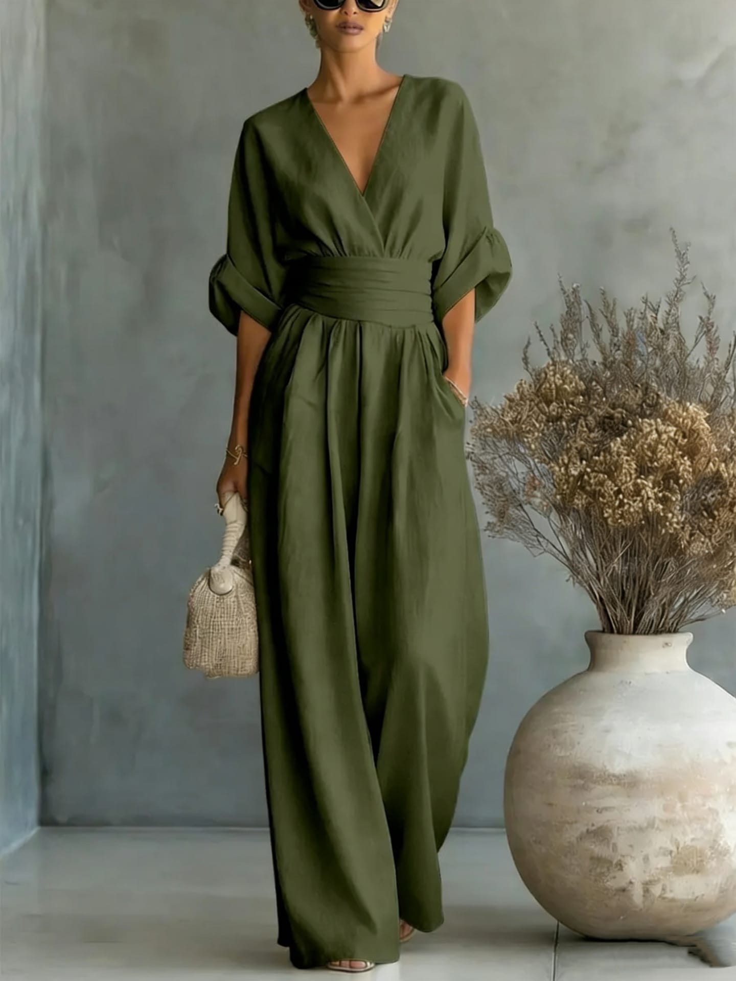 Damen Jumpsuit Kurzarm | V-Ausschnitt & Weites Bein – Sommer – Bild 2