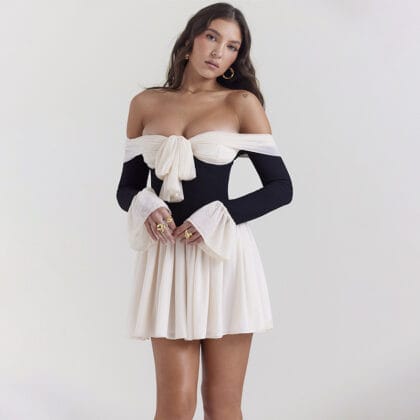 Damen Off-Shoulder Kleid mit Bell-Sleeves – Zweifarbiges Schulterfreies Kleid | Elegantes Sommer- & Partykleid für Frauen