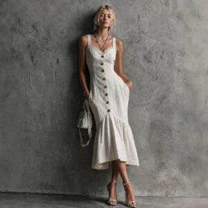 Elegantes Damen Maxikleid – Spitzenbesatz – Knopfleiste – Träger – Fischschwanz-Schnitt