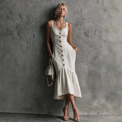 Damen Maxi Spitzenkleid mit Fischschwanz-Schnitt – Träger & Knopfleiste | Elegantes Sommerkleid für besondere Anlässe