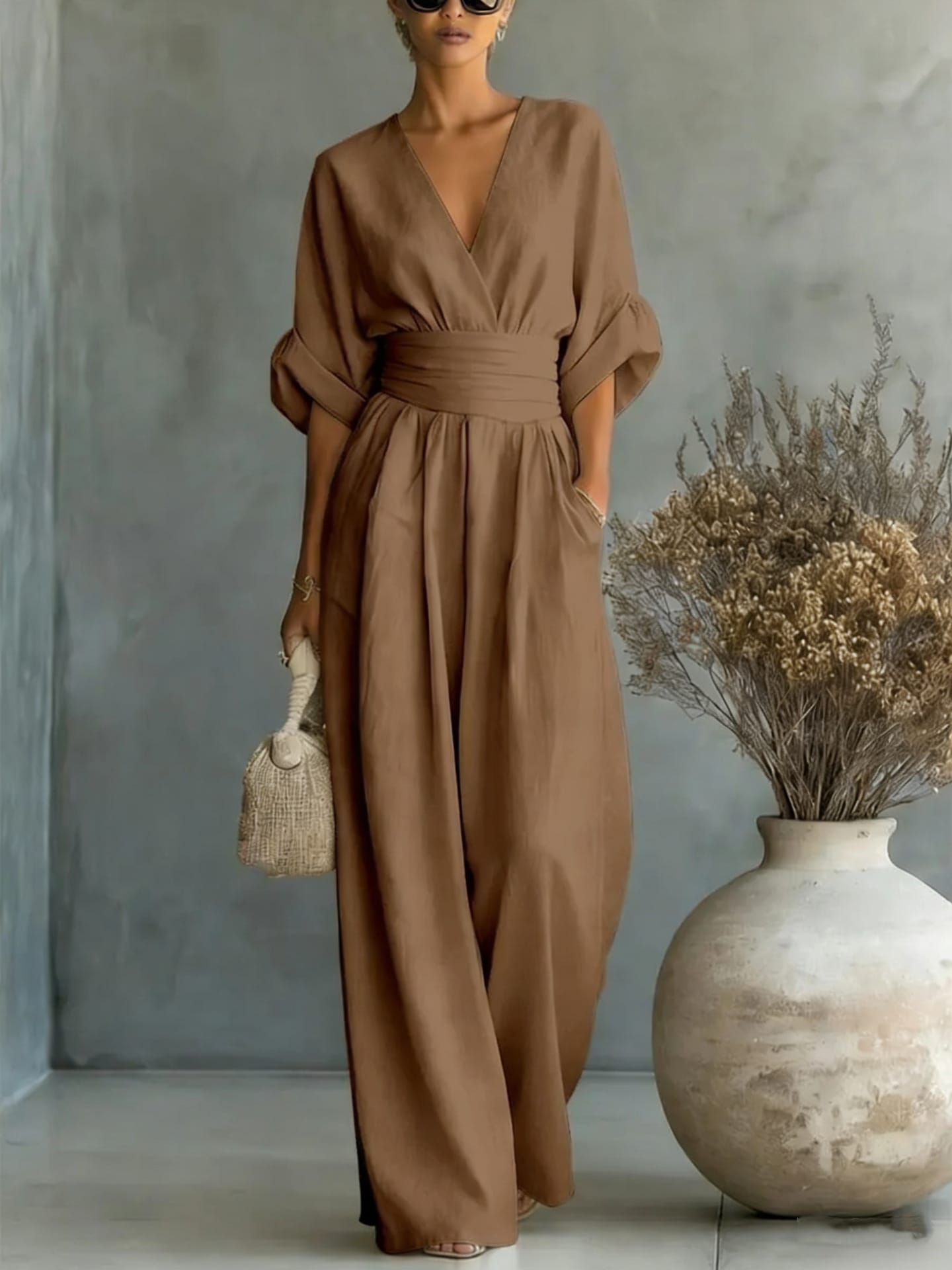 Damen Jumpsuit Kurzarm | V-Ausschnitt & Weites Bein – Sommer – Bild 3
