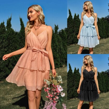 Damen Trägerkleid V-Ausschnitt mit Taillenband – Leichtes Einfarbiges Sommerkleid | Elegantes Slip-Dress für Frauen