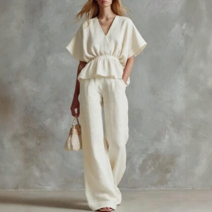 Damen Zweiteiler Set V-Ausschnitt – Tailliertes Oberteil & Wide-Leg Hose | Eleganter Hosenanzug für Alltag & Urlaub
