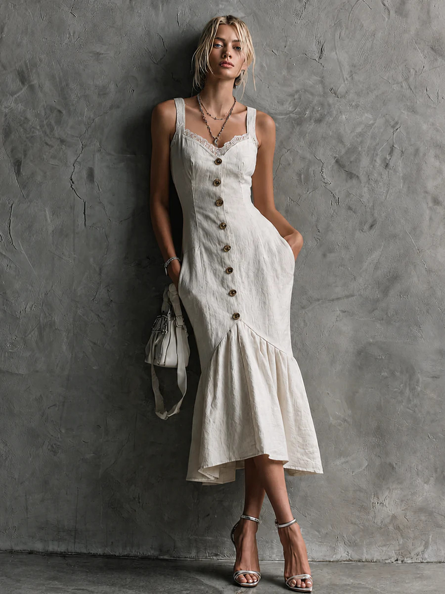 Elegantes Damen Maxikleid – Spitzenbesatz – Knopfleiste – Träger – Fischschwanz-Schnitt – Bild 7