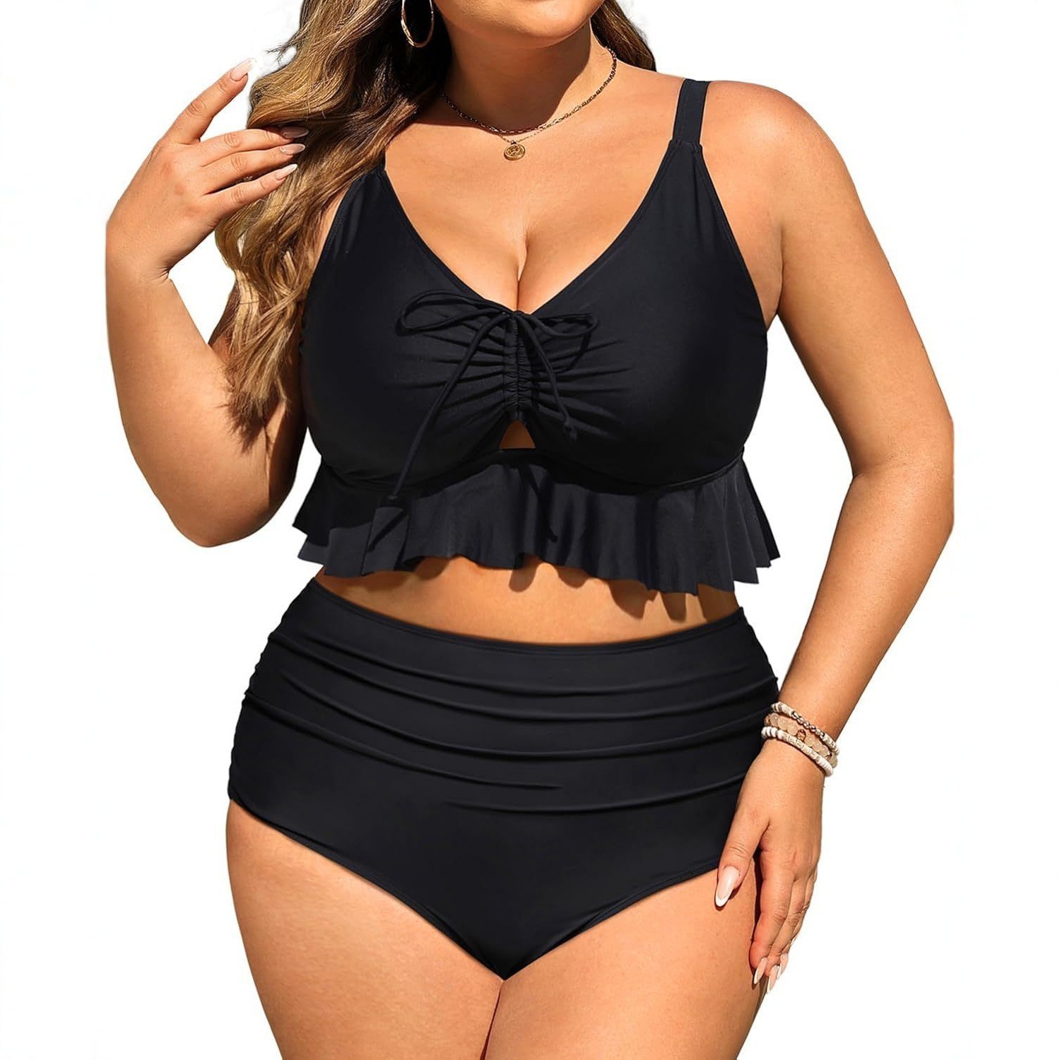 Elegantes Damen Bikini-Set – High-Waist – Rüschen – Einfarbig & Figurbetont – Bild 6
