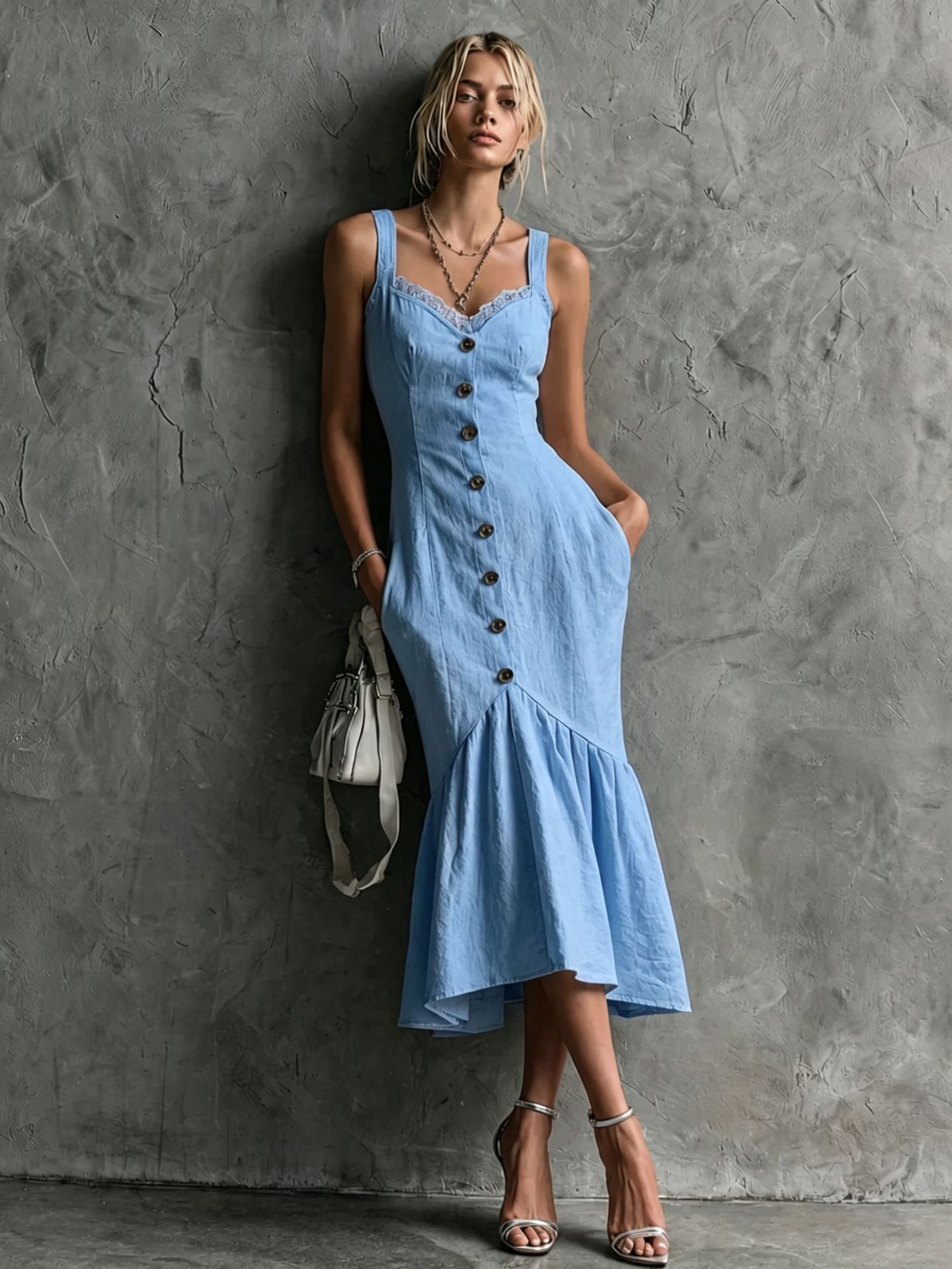 Elegantes Damen Maxikleid – Spitzenbesatz – Knopfleiste – Träger – Fischschwanz-Schnitt – Bild 6