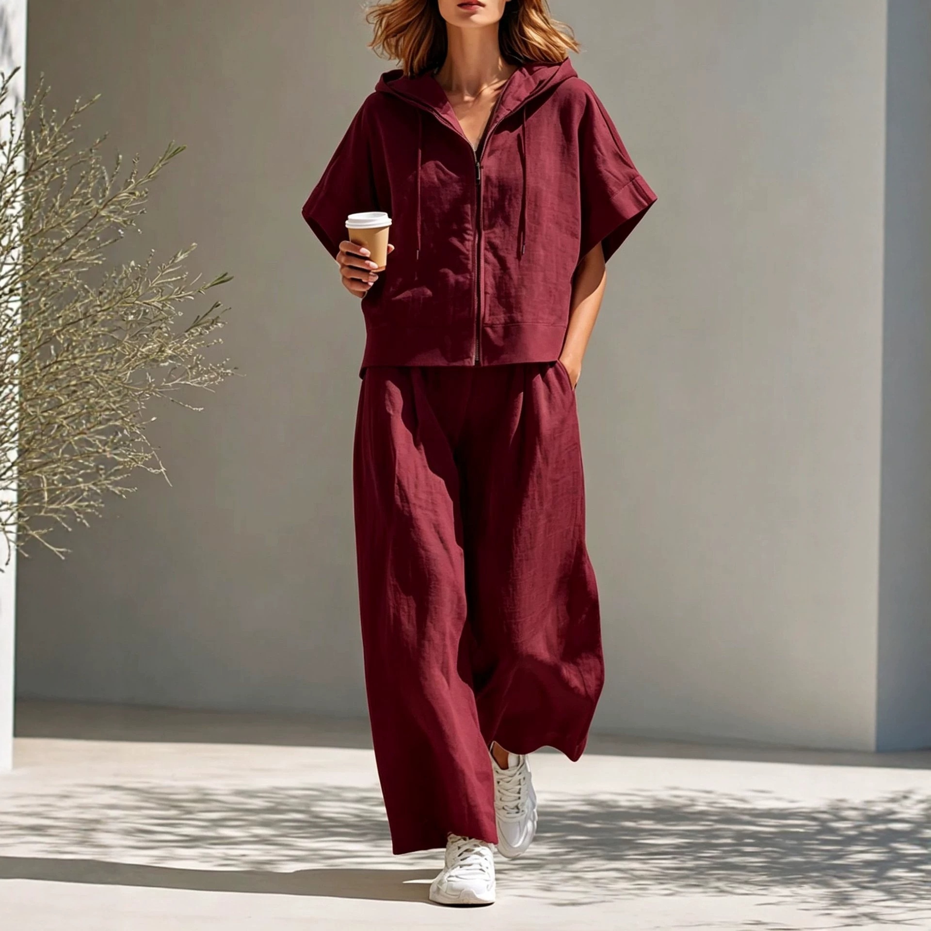Damen Zweiteiler Set – Leinen Kapuzen-Zip-Top & Lässige Wide-Leg Hose – Bild 2