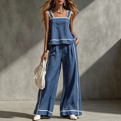 Damen Sommer Zweiteiler Set Color-Block – Ärmelloses Top & Weite Hose | Leichtes Casual Outfit für Frauen