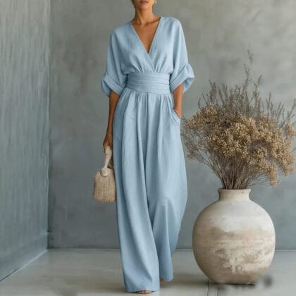 Damen Jumpsuit Kurzarm | V-Ausschnitt & Weites Bein – Sommer