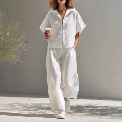 Damen Leinen Zweiteiler Set – Kapuzen-Zip-Top & Wide-Leg Hose | Lässiger Streetstyle Freizeitanzug für Frauen