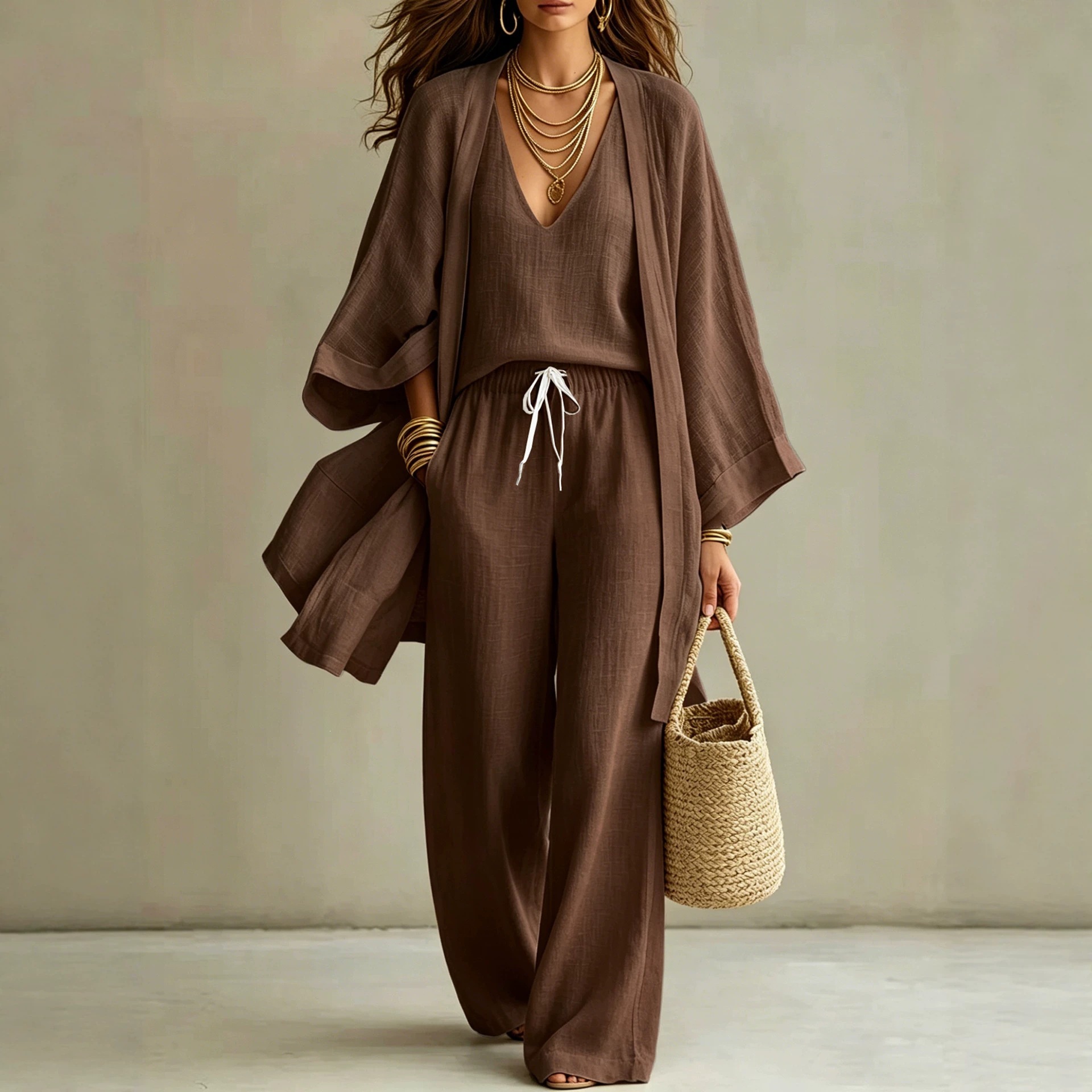 Damen 3-teiliges Casual Set – Cardigan mit 9/4-Ärmeln, Ärmellose Weste & Lange Hose | Eleganter Freizeitanzug im modernen Stil – Bild 3