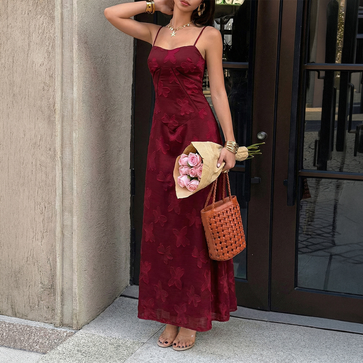 Damen Jacquard Kleid mit Trägern – Tailliertes Sommerkleid | Elegantes Figurbetontes Kleid für Freizeit & Anlass – Bild 4
