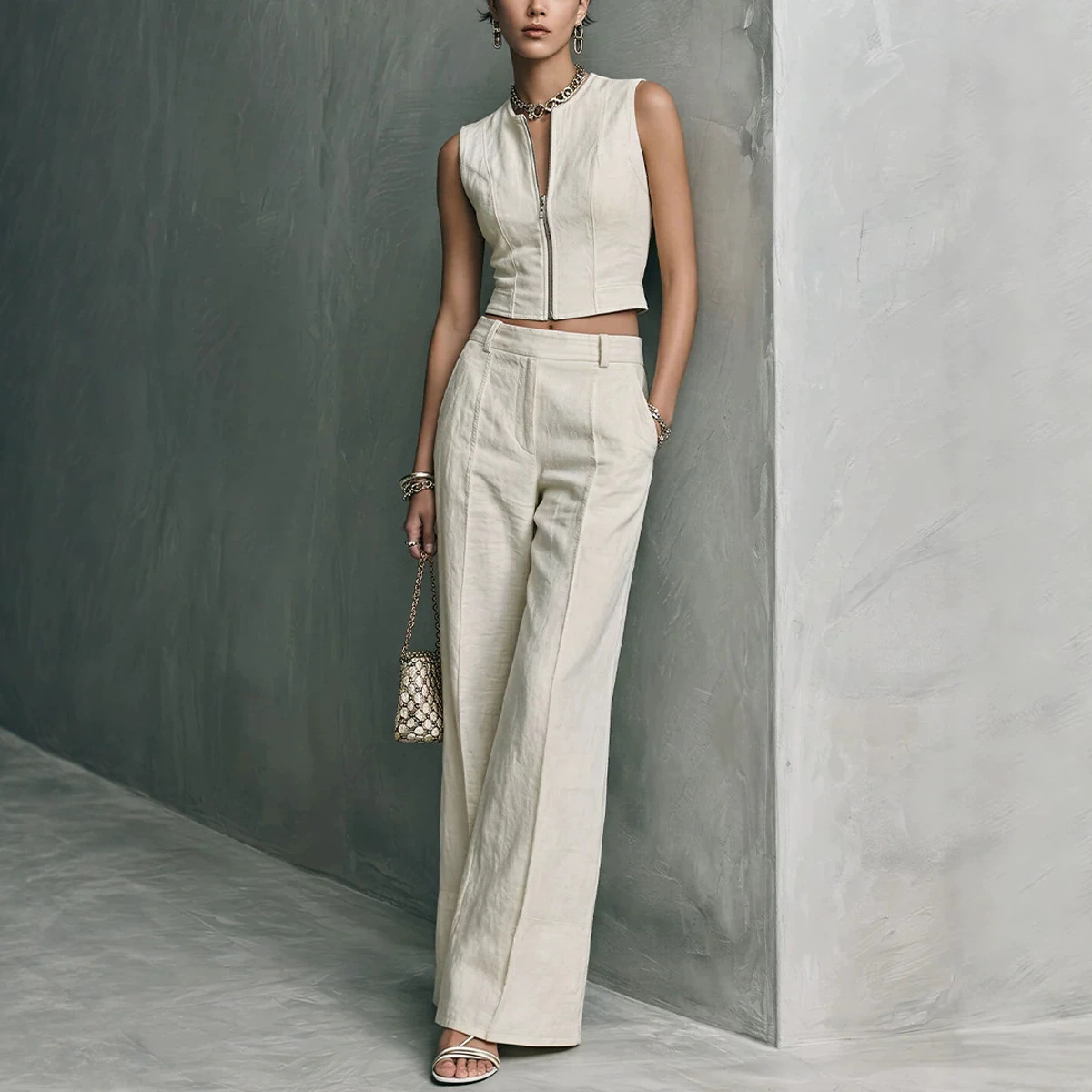 Ärmelloses Damen Zweiteiler Set – Lässiges Top & Gerade geschnittene Hose | Casual Freizeitanzug im modernen Stil