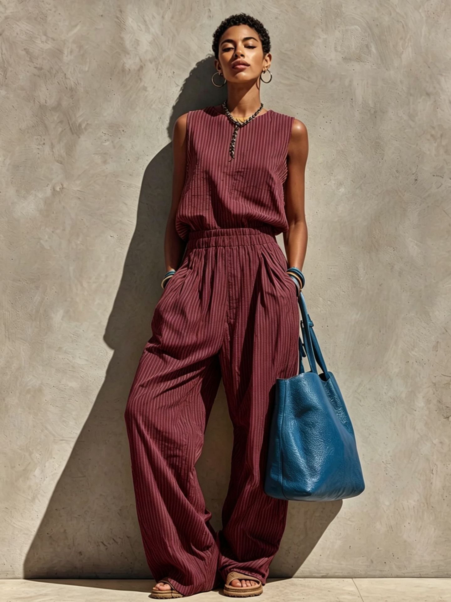 Gestreiftes Damen Zweiteiler Set – Ärmelloses Crew-Neck Top & Weite Hose | Lässiger Sommer Freizeitanzug – Bild 4