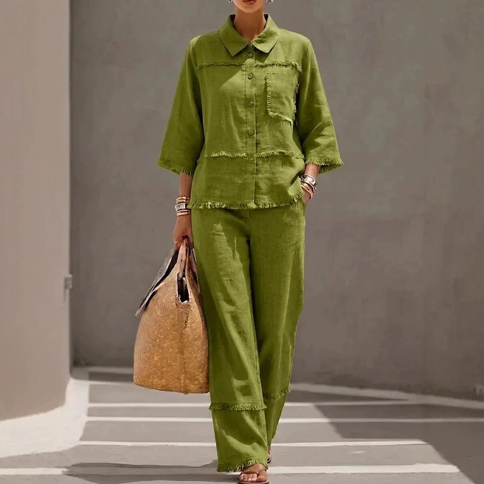 Stylisches Damen Zweiteiler Set – Lässige Bluse mit Reverskragen & Fransen-Optik | Casual Hemd-Set im modernen Look – Bild 5