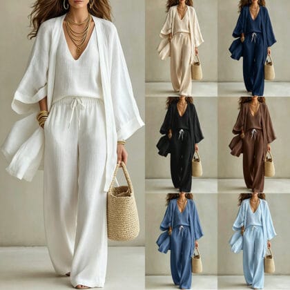 Damen 3-teiliges Casual Set mit Cardigan, Weste & Hose – Eleganter Freizeitanzug | Modernes Outfit für Frühling & Sommer