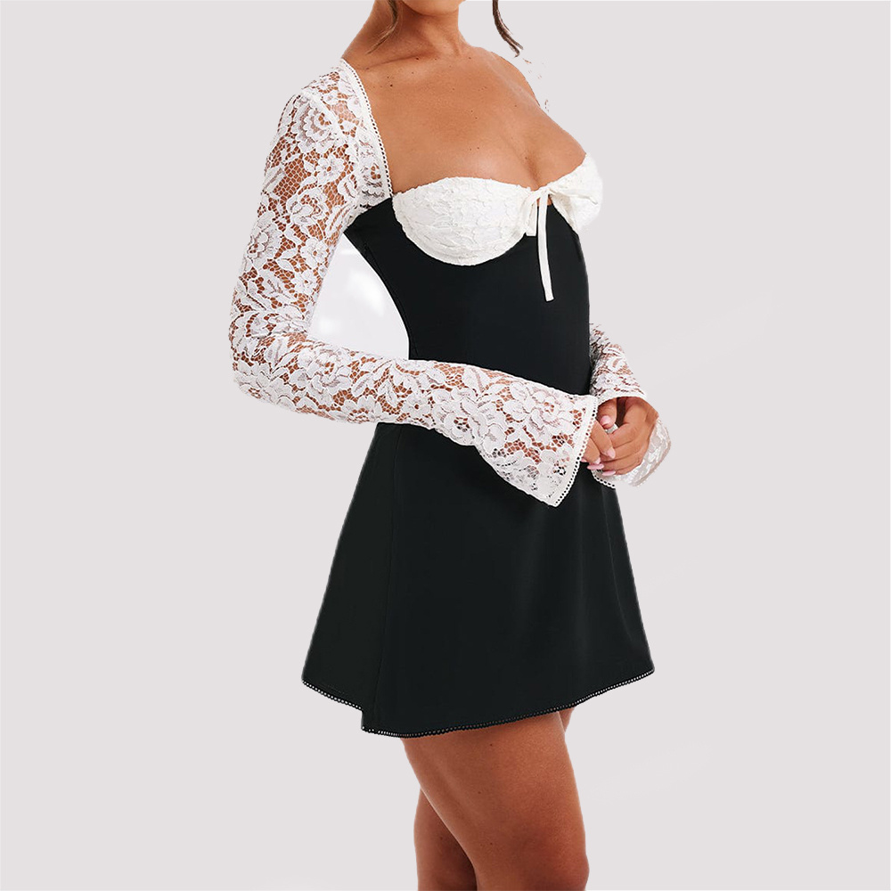 Damen Spitzen Minikleid – Langarm, Korsett-Schnürung & Rückenfrei | Sexy Lace-Up Fashion Kleid für Frauen – Bild 5