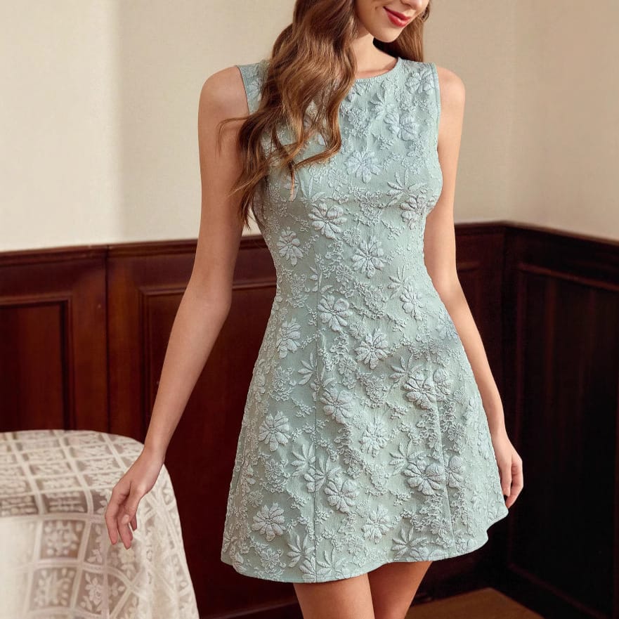 Ärmelloses Jacquard-Kleid mit Blumenmuster | Französischer Minimalismus | Damen Sommerkleid – Bild 2