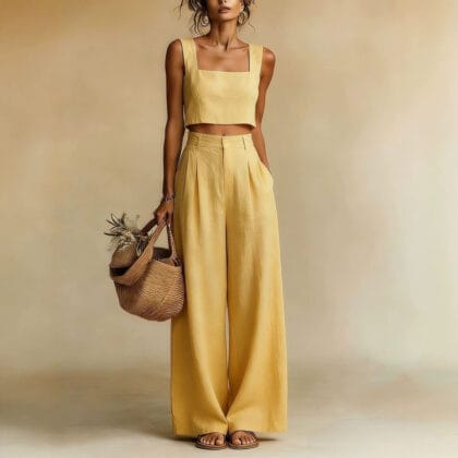 Damen Zweiteiler Set Square-Neck Top & Wide-Leg Hose – Eleganter Hosenanzug | Leichtes Casual Outfit für Büro & Freizeit