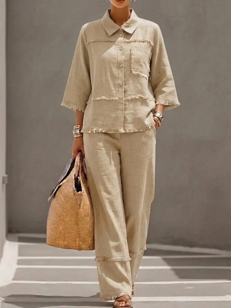 Stylisches Damen Zweiteiler Set – Lässige Bluse mit Reverskragen & Fransen-Optik | Casual Hemd-Set im modernen Look – Bild 3