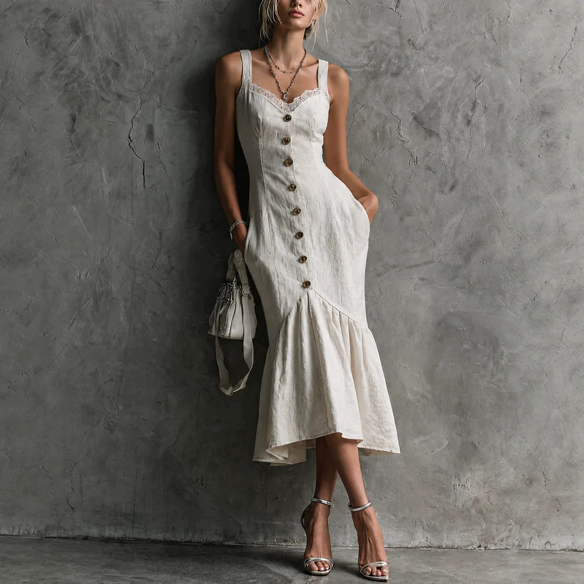 Elegantes Damen Maxikleid – Spitzenbesatz – Knopfleiste – Träger – Fischschwanz-Schnitt – Bild 8