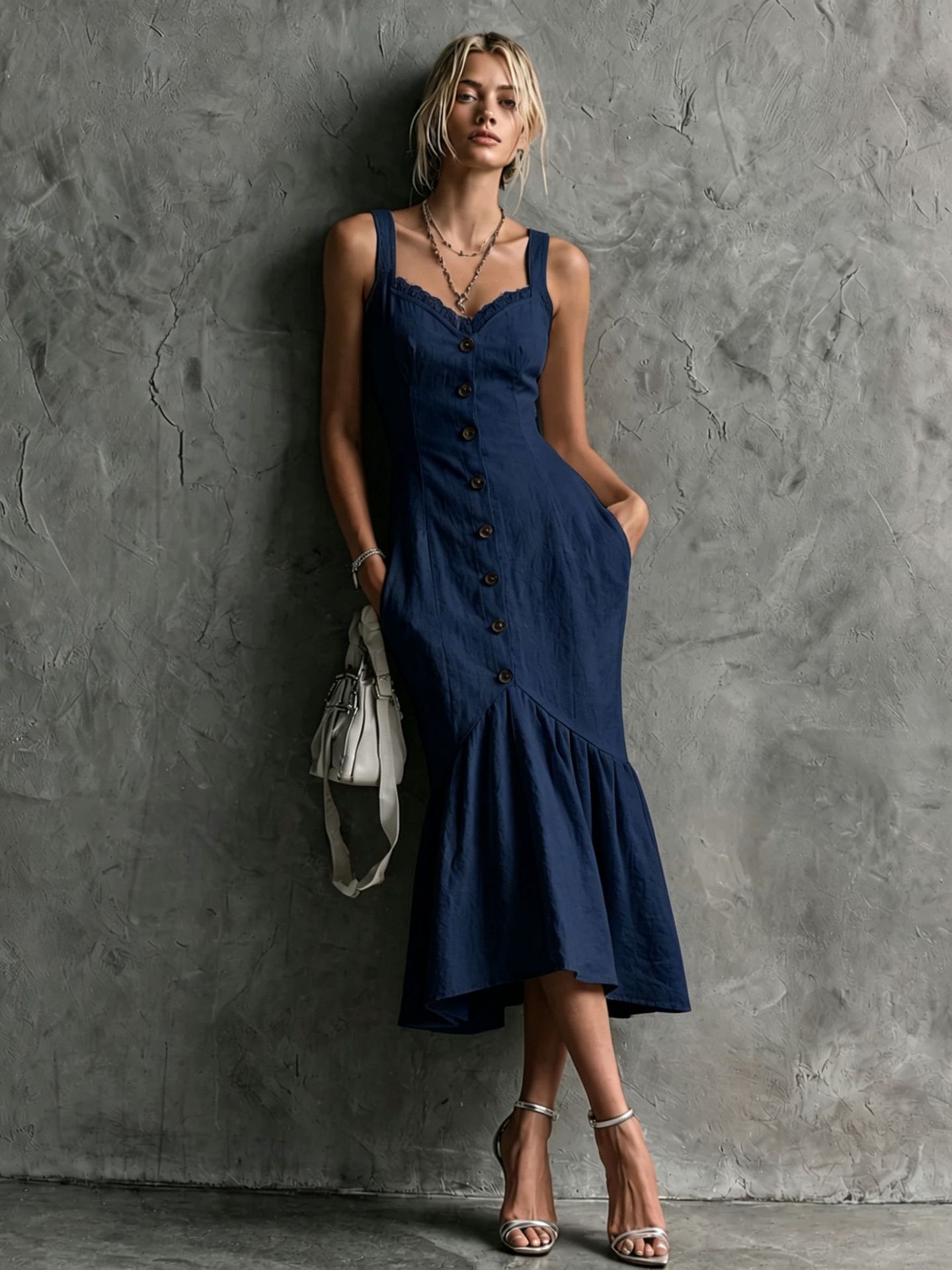 Elegantes Damen Maxikleid – Spitzenbesatz – Knopfleiste – Träger – Fischschwanz-Schnitt – Bild 3