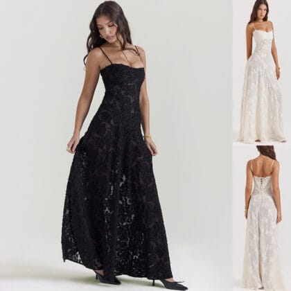 Damen Spitzen Maxikleid mit Trägern – Elegantes Sommer Abendkleid | Fließendes Langes Kleid für Frauen