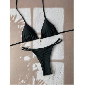 2-teiliges Damen Bikini-Set – Einfarbig – Halter mit Schnürdetail