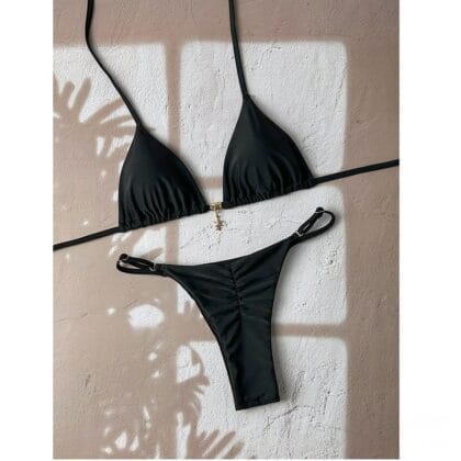 Damen Halter Bikini-Set mit Schnürdetail – Einfarbiges Figurbetontes Bikini | Elegante Bademode für Strand & Urlaub