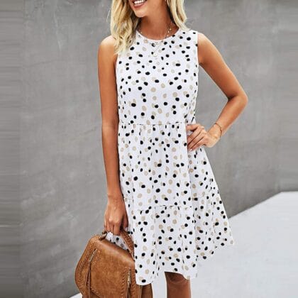 Elegantes Damen Pünktchenkleid – Ärmelloses Sommerkleid mit Taschen