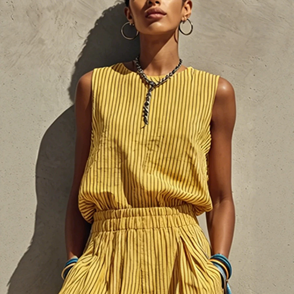 Gestreiftes Damen Zweiteiler Set – Ärmelloses Crew-Neck Top & Weite Hose | Lässiger Sommer Freizeitanzug – Bild 6