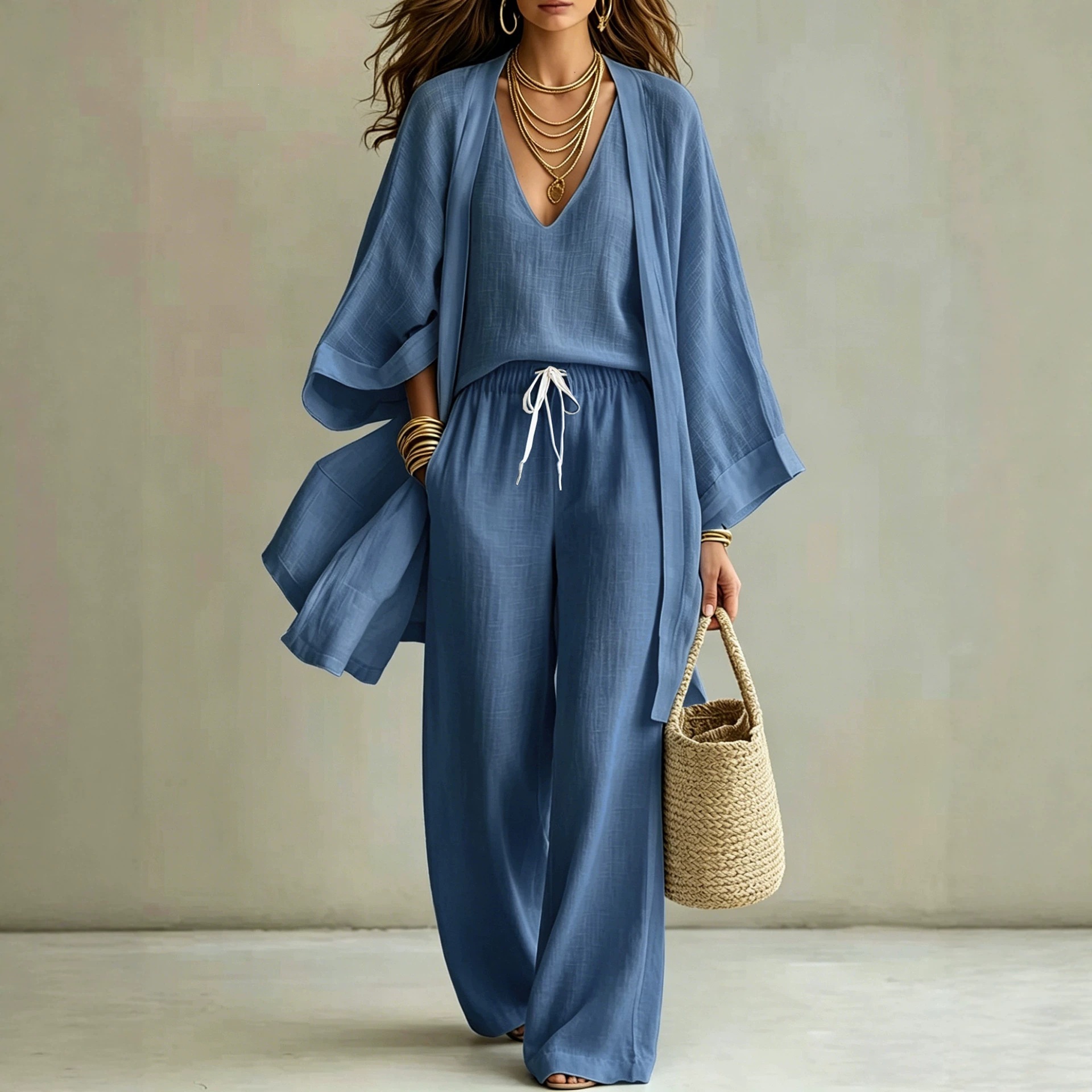 Damen 3-teiliges Casual Set – Cardigan mit 9/4-Ärmeln, Ärmellose Weste & Lange Hose | Eleganter Freizeitanzug im modernen Stil – Bild 4