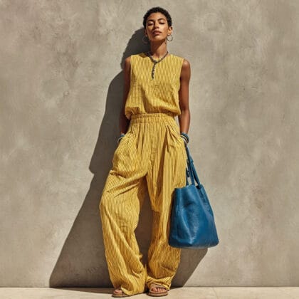 Damen Gestreiftes Zweiteiler Set – Ärmelloses Crew-Neck Top & Wide-Leg Hose | Leichter Sommer Freizeitanzug für Frauen