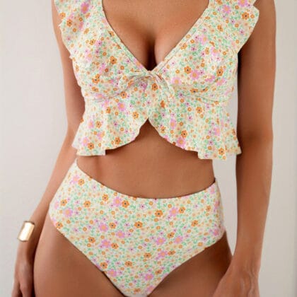Damen Badeanzug Blumenprint – Deep V Push-Up & Rüschen-Träger | Figurbetonter Einteiler für Strand & Urlaub