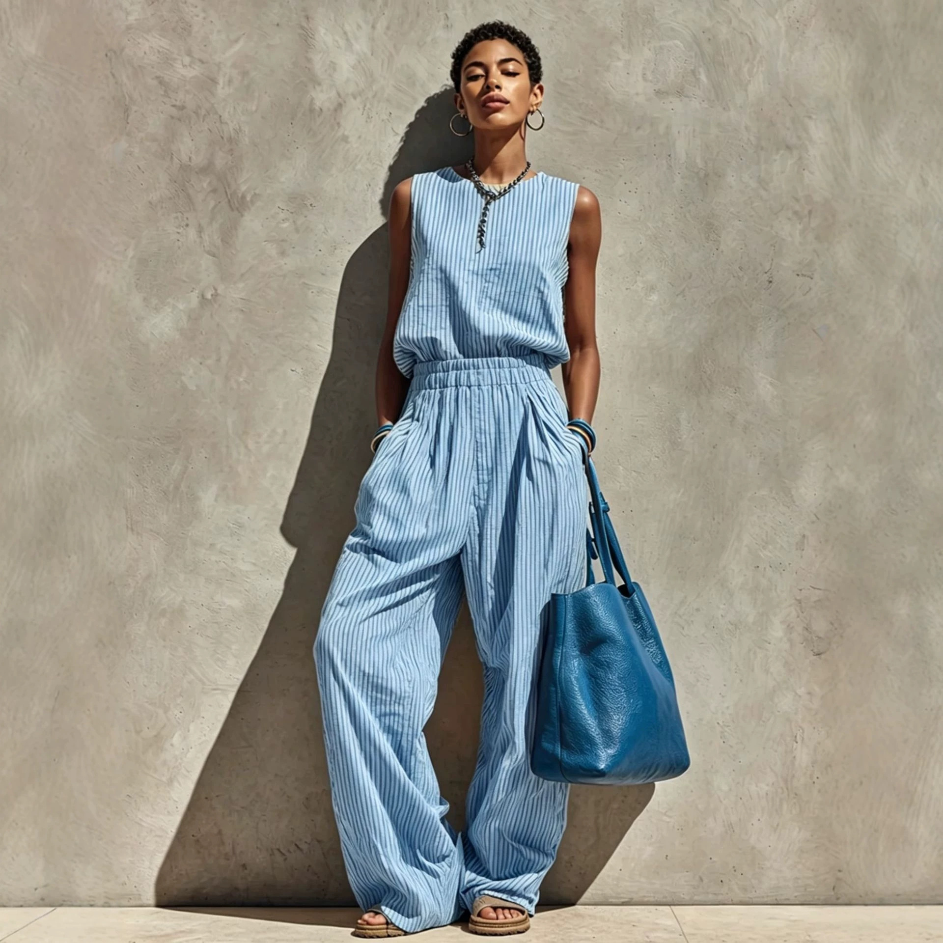 Gestreiftes Damen Zweiteiler Set – Ärmelloses Crew-Neck Top & Weite Hose | Lässiger Sommer Freizeitanzug – Bild 5
