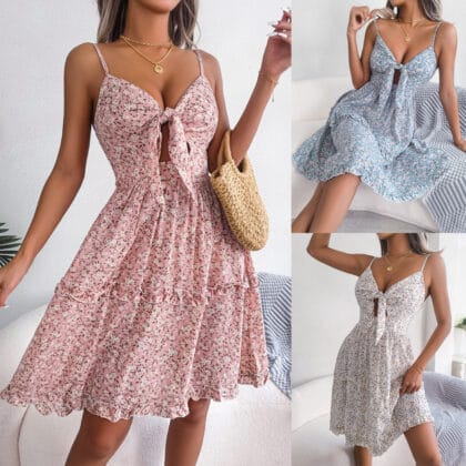 Damen Frühlings- & Sommerkleid – Florales V-Ausschnitt Rüschenkleid mit Schleife | Elegantes Maxi Swing Kleid für Frauen