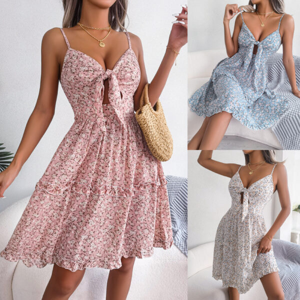 Damen Frühlings- & Sommerkleid – Florales V-Ausschnitt Rüschenkleid mit Schleife | Elegantes Maxi Swing Kleid für Frauen