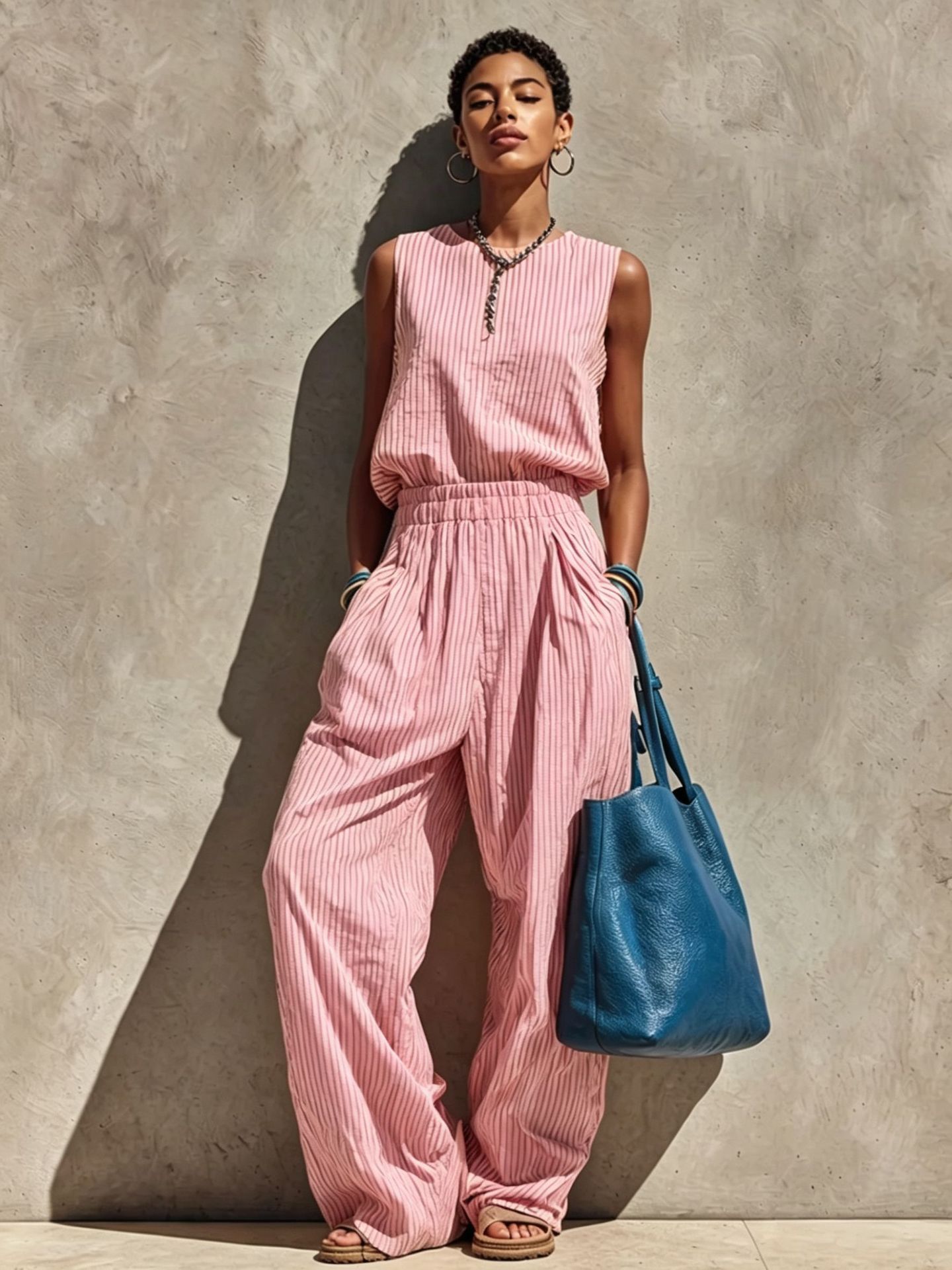 Gestreiftes Damen Zweiteiler Set – Ärmelloses Crew-Neck Top & Weite Hose | Lässiger Sommer Freizeitanzug – Bild 3