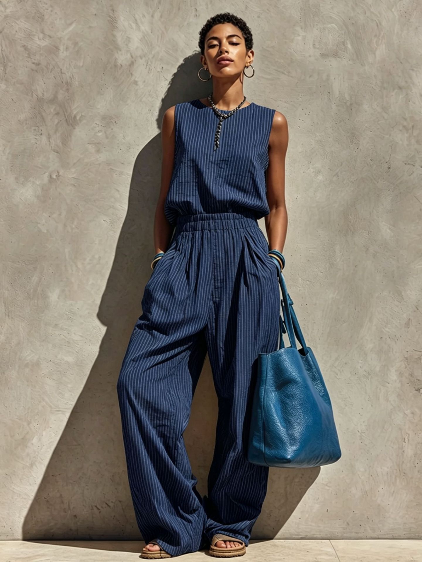 Gestreiftes Damen Zweiteiler Set – Ärmelloses Crew-Neck Top & Weite Hose | Lässiger Sommer Freizeitanzug – Bild 7