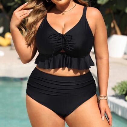 Damen High-Waist Bikini-Set mit Rüschen – Figurbetontes Einfarbiges Bikini | Elegante Bademode für Strand & Urlaub
